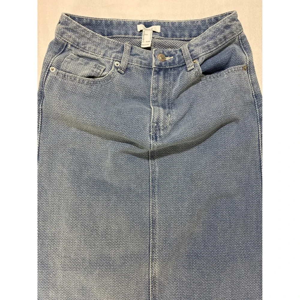 Forever 21 Herringbone Denim Maxi Skirt Women Small Blue Chevron Long Slit Jean